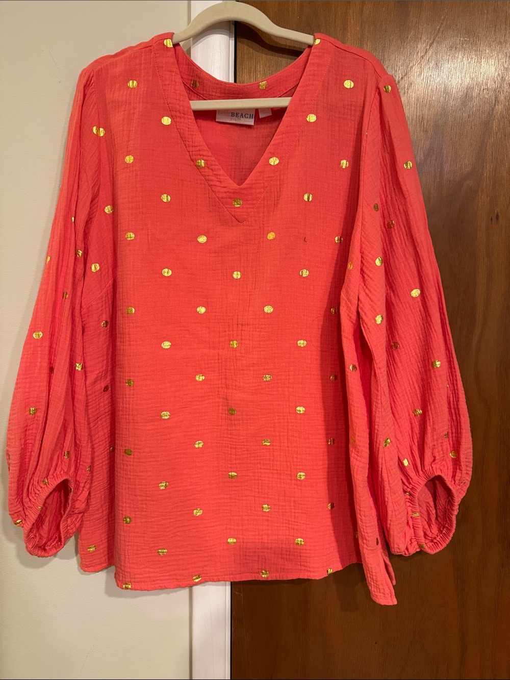 Kim Gravel Gold Dot Coral V-Neck Long Sleeve Top